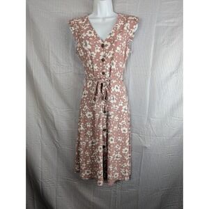 Monteau Los Angeles Womens S Floral Midi Dress V Neck Button Front Tie Waist